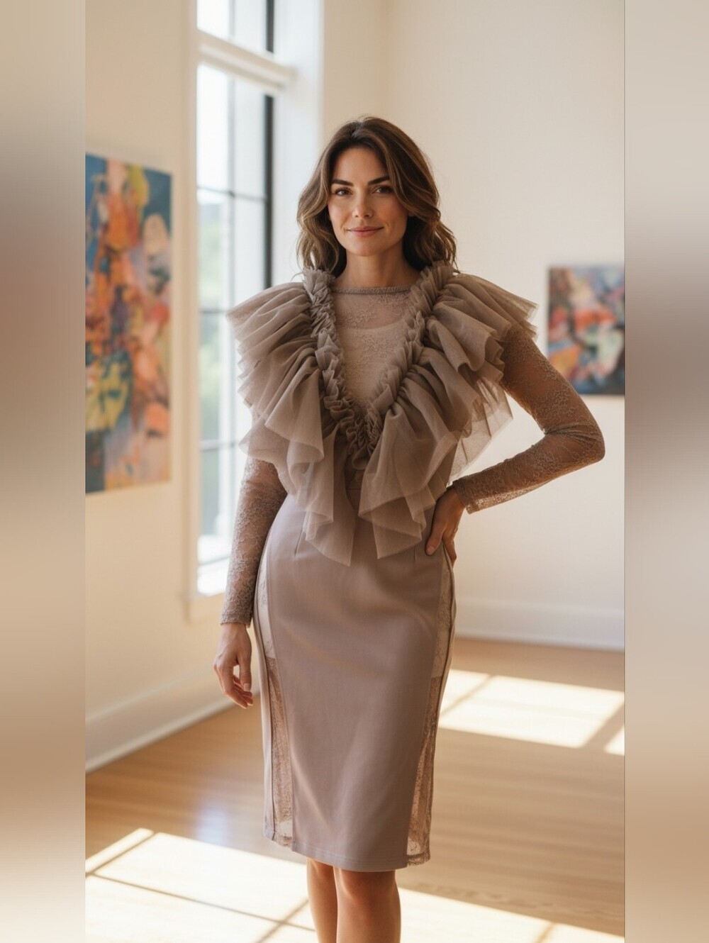 Karen Millen Taupe Ruffle Tulle Lace Column Dress
